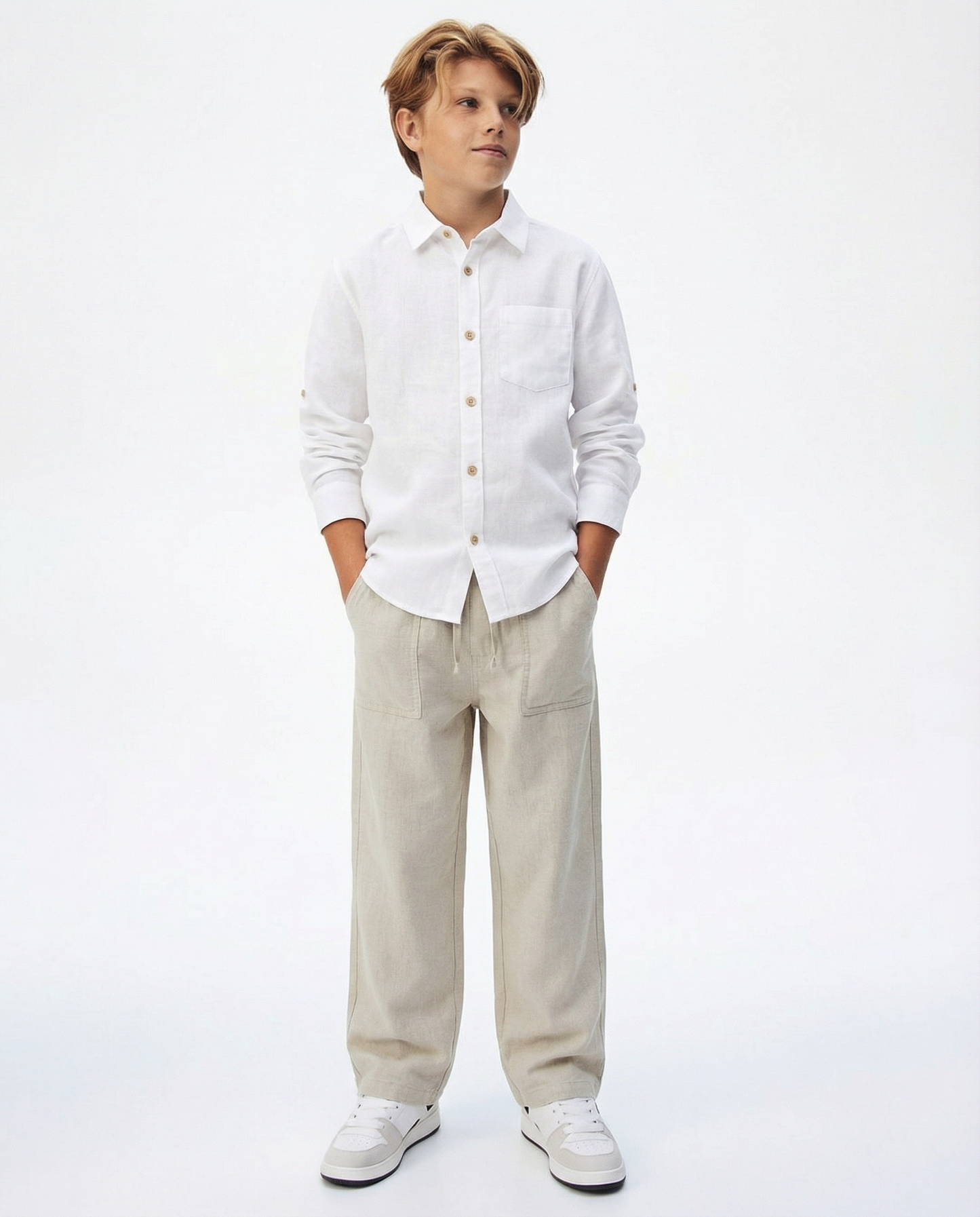 Structured Linen Straight Fit Pants with Front Pocket Detail
