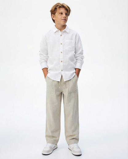 Structured Linen Straight Fit Pants with Front Pocket Detail