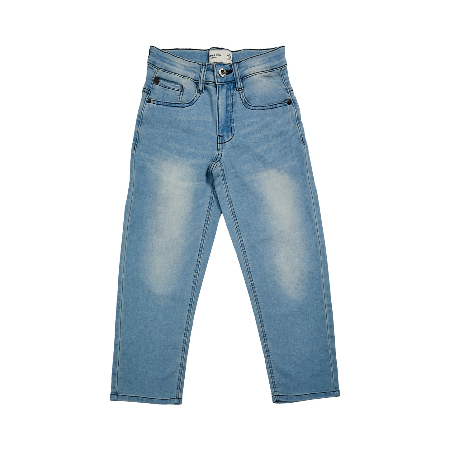 Assob kids Straight Jean, a classic mid-wash blue denim pant designed with a standard 5-pocket layout and localized light thigh fading.