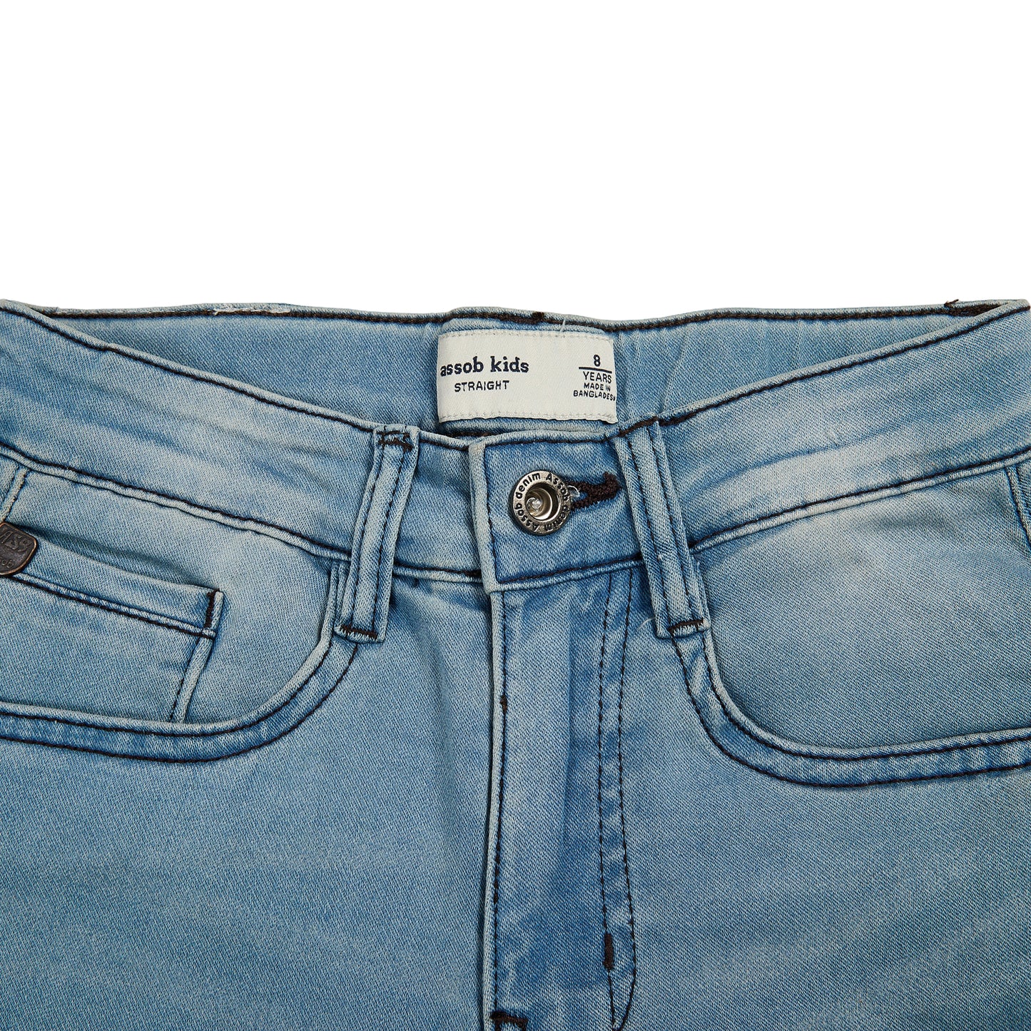 Assob kids Straight Jean, a classic mid-wash blue denim pant designed with a standard 5-pocket layout and localized light thigh fading.