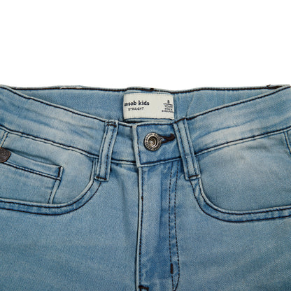 Assob kids Straight Jean, a classic mid-wash blue denim pant designed with a standard 5-pocket layout and localized light thigh fading.