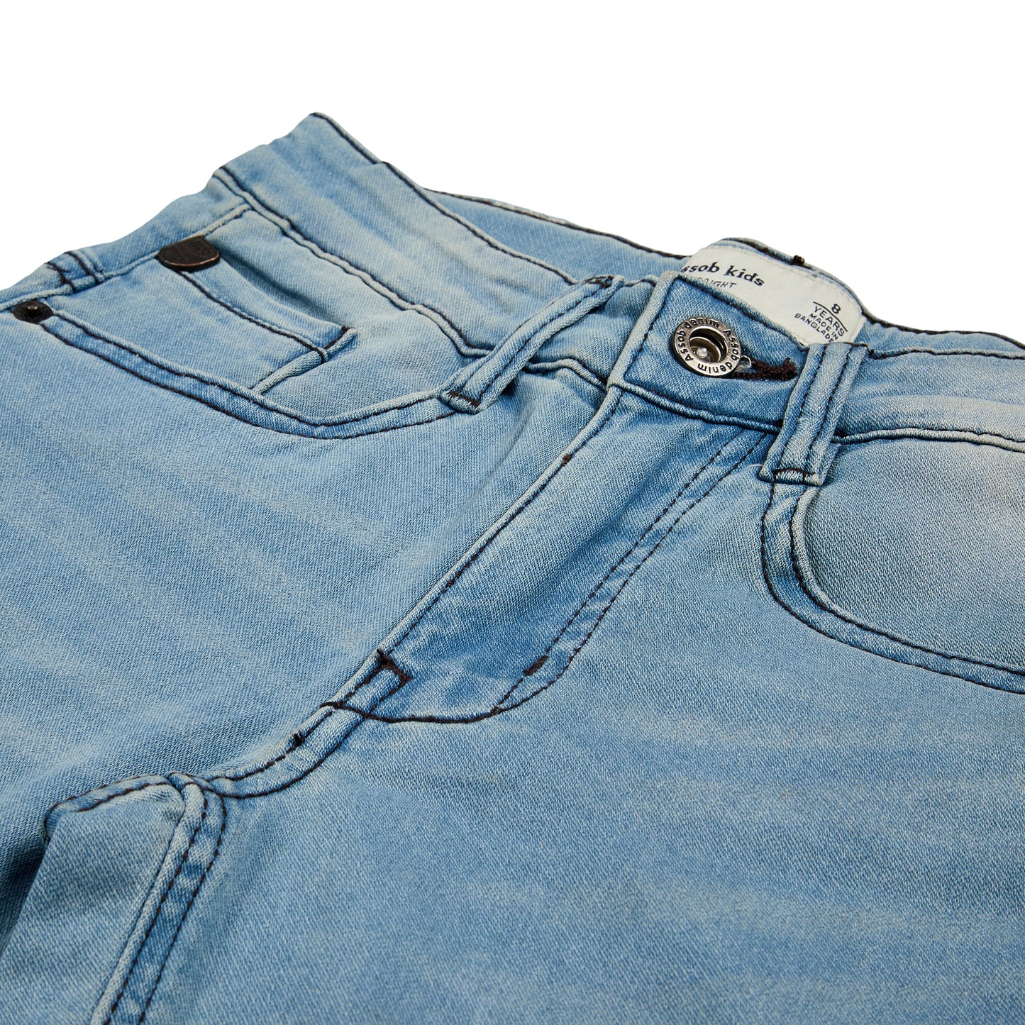 Assob kids Straight Jean, a classic mid-wash blue denim pant designed with a standard 5-pocket layout and localized light thigh fading.