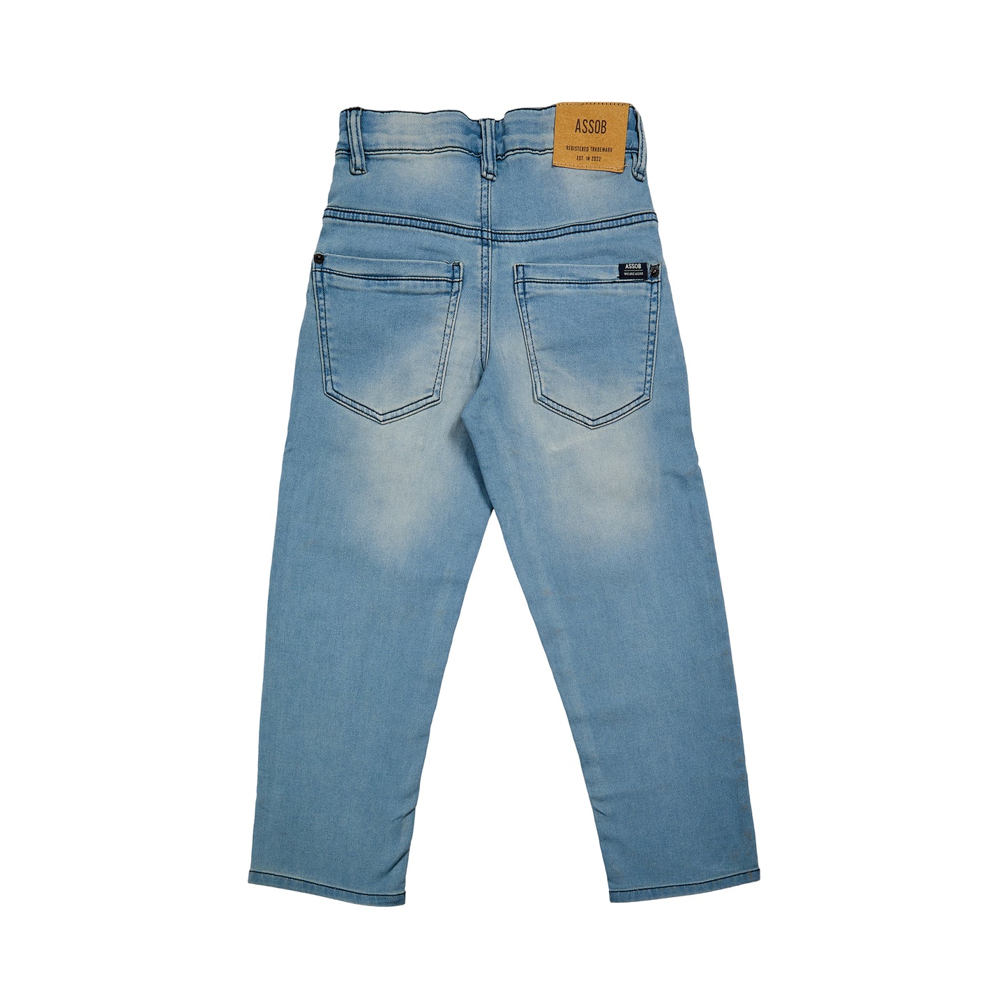Assob kids Straight Jean, a classic mid-wash blue denim pant designed with a standard 5-pocket layout and localized light thigh fading.