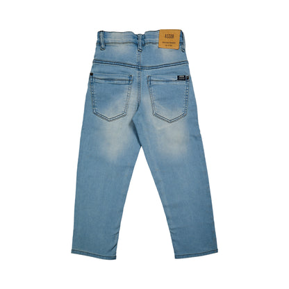 Assob kids Straight Jean, a classic mid-wash blue denim pant designed with a standard 5-pocket layout and localized light thigh fading.