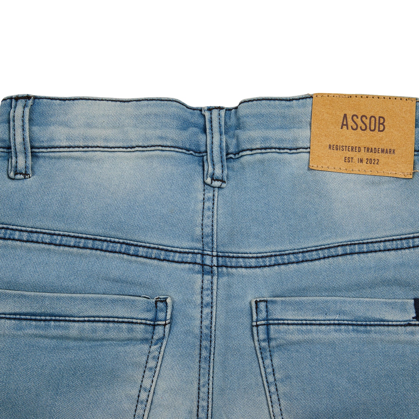 Assob kids Straight Jean, a classic mid-wash blue denim pant designed with a standard 5-pocket layout and localized light thigh fading.