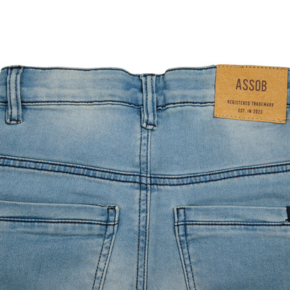 Assob kids Straight Jean, a classic mid-wash blue denim pant designed with a standard 5-pocket layout and localized light thigh fading.