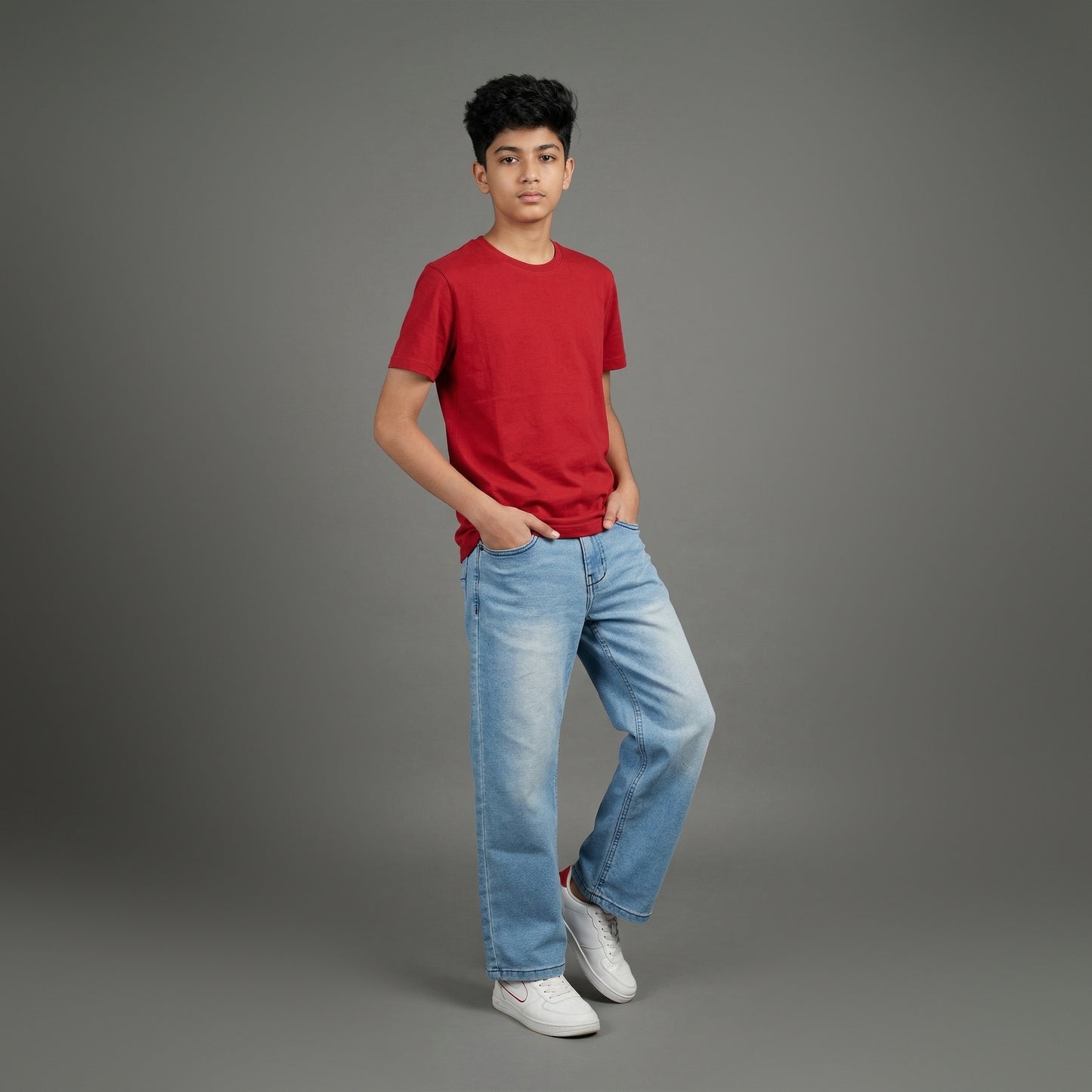 Assob kids Straight Jean, a classic mid-wash blue denim pant designed with a standard 5-pocket layout and localized light thigh fading.