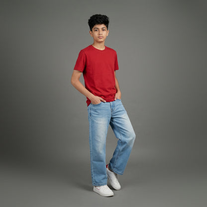 Assob kids Straight Jean, a classic mid-wash blue denim pant designed with a standard 5-pocket layout and localized light thigh fading.