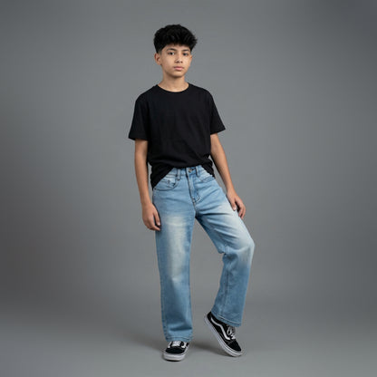 Assob kids Straight Jean, a classic mid-wash blue denim pant designed with a standard 5-pocket layout and localized light thigh fading.