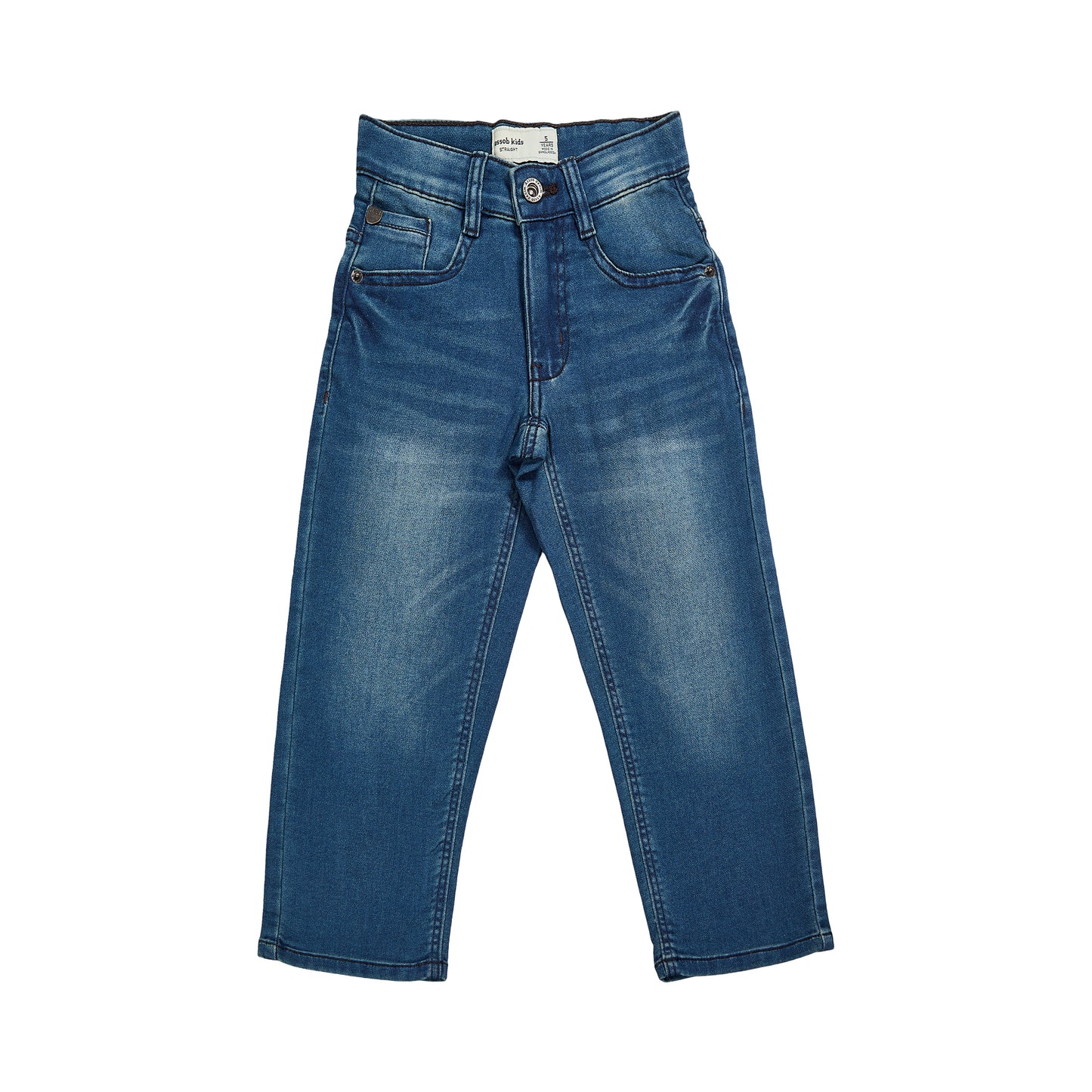 Assob kids Straight Jean, a classic mid-wash blue denim pant designed with a standard 5-pocket layout and localized light thigh fading.