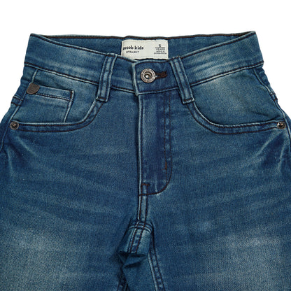 Assob kids Straight Jean, a classic mid-wash blue denim pant designed with a standard 5-pocket layout and localized light thigh fading.