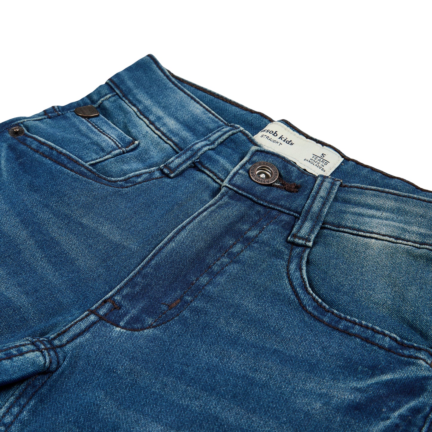 Assob kids Straight Jean, a classic mid-wash blue denim pant designed with a standard 5-pocket layout and localized light thigh fading.