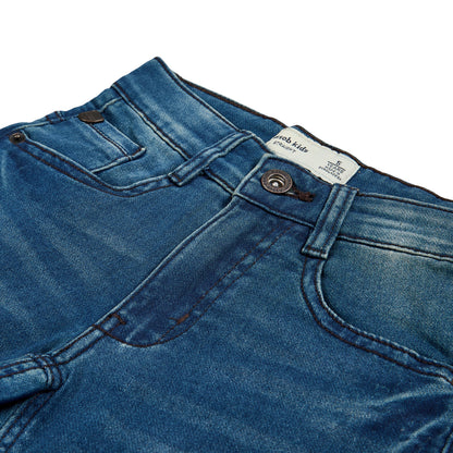 Assob kids Straight Jean, a classic mid-wash blue denim pant designed with a standard 5-pocket layout and localized light thigh fading.