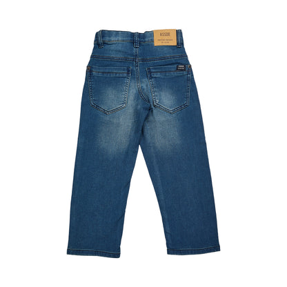 Assob kids Straight Jean, a classic mid-wash blue denim pant designed with a standard 5-pocket layout and localized light thigh fading.