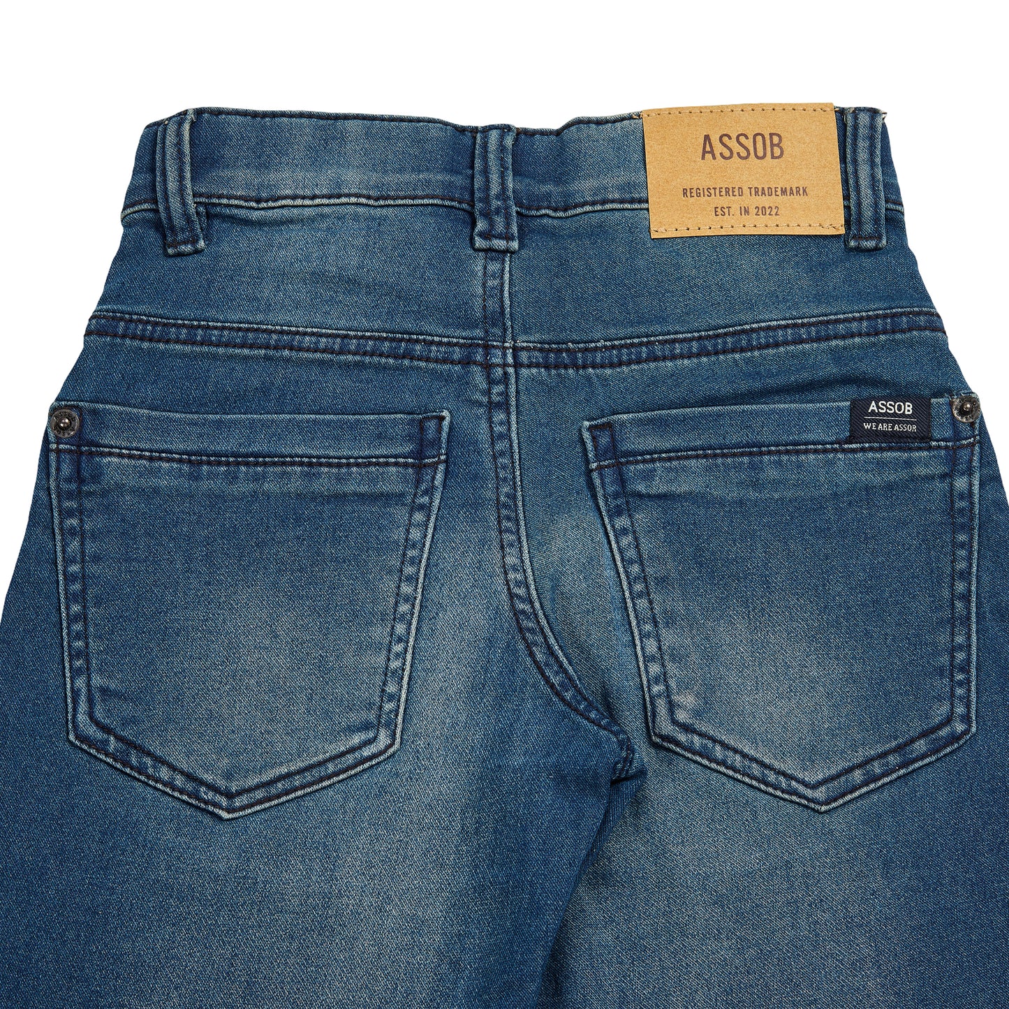 Assob kids Straight Jean, a classic mid-wash blue denim pant designed with a standard 5-pocket layout and localized light thigh fading.