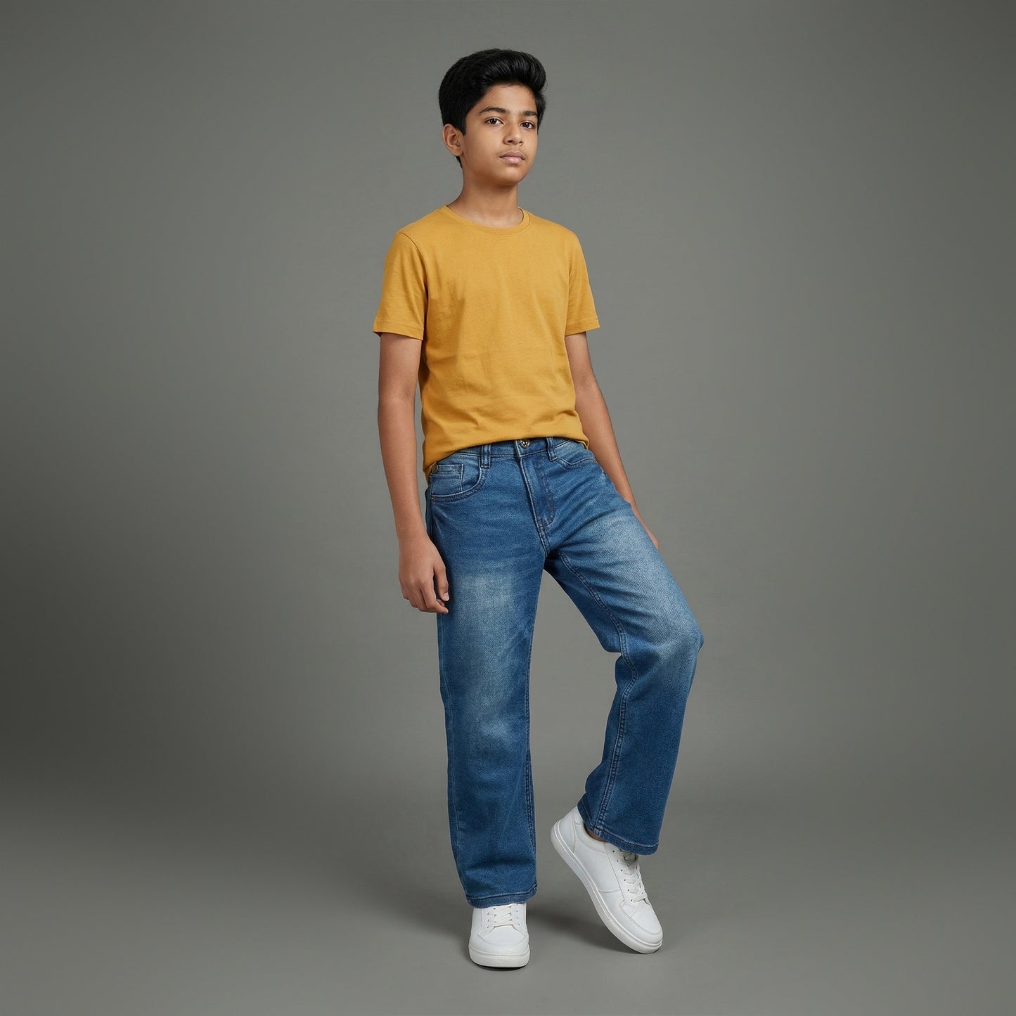 Assob kids Straight Jean, a classic mid-wash blue denim pant designed with a standard 5-pocket layout and localized light thigh fading.
