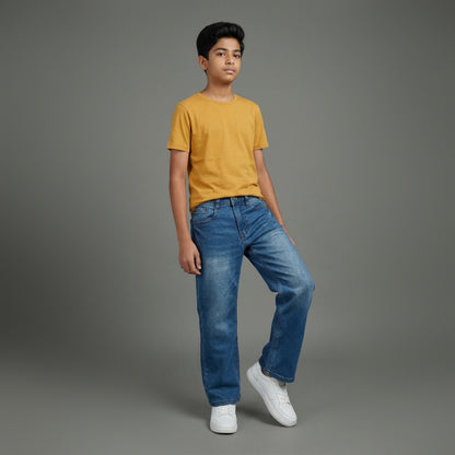 Assob kids Straight Jean, a classic mid-wash blue denim pant designed with a standard 5-pocket layout and localized light thigh fading.
