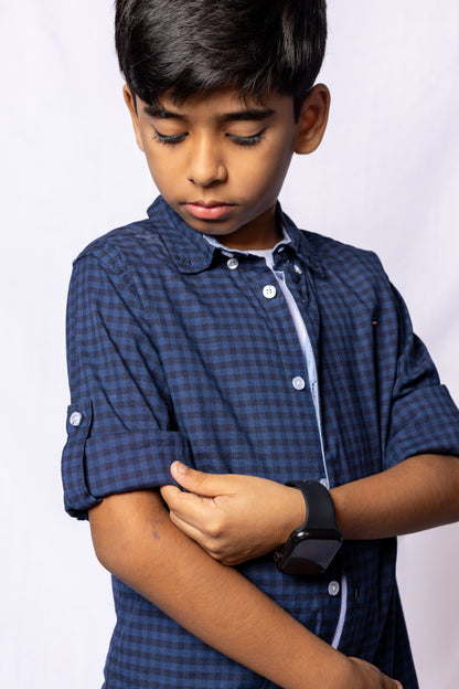 JUNIOR CLUB REGULAR FIT POPLIN STRETCH CHECK FULL SLEEVE SHIRT FOR BOYS