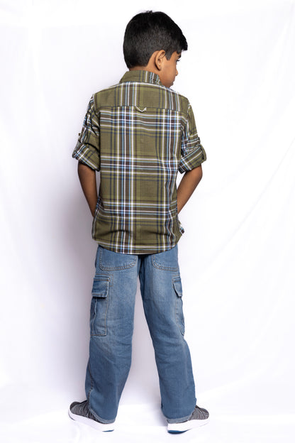 RAW OUTFITTERS REGULAR FIT POPLIN STRETCH CHECK FULL SLEEVE SHIRT FOR BOYS