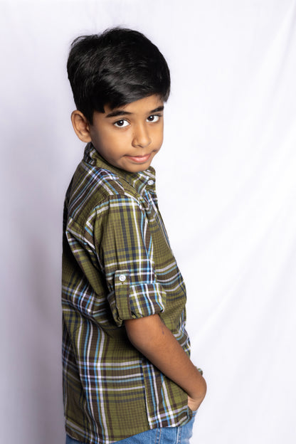 RAW OUTFITTERS REGULAR FIT POPLIN STRETCH CHECK FULL SLEEVE SHIRT FOR BOYS