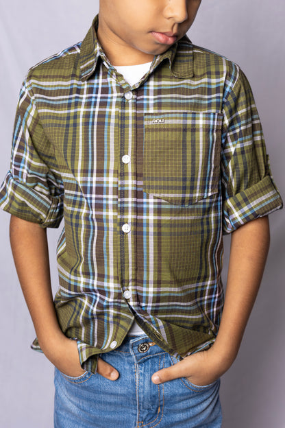 RAW OUTFITTERS REGULAR FIT POPLIN STRETCH CHECK FULL SLEEVE SHIRT FOR BOYS