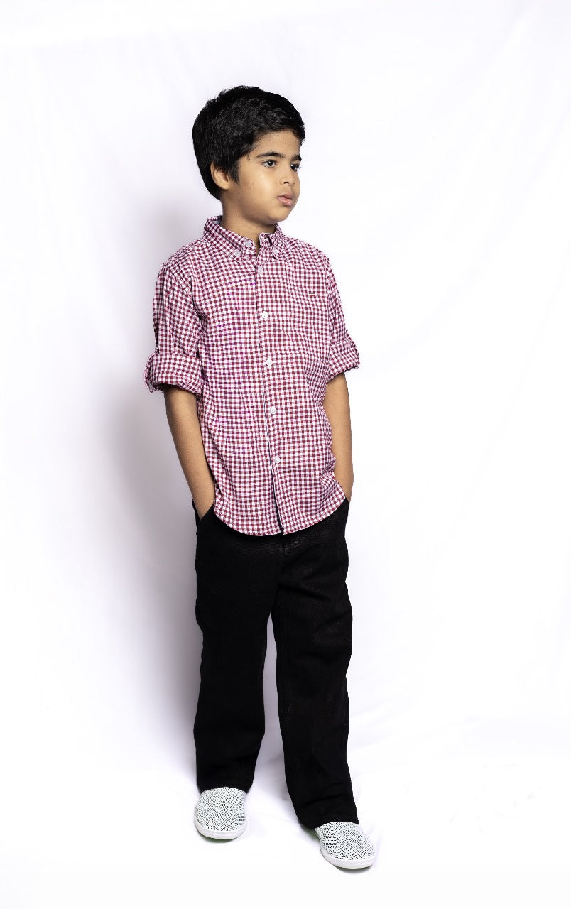 JUNIOR CLUB REGULAR FIT POPLIN STRETCH CHECK FULL SLEEVE SHIRT FOR BOYS
