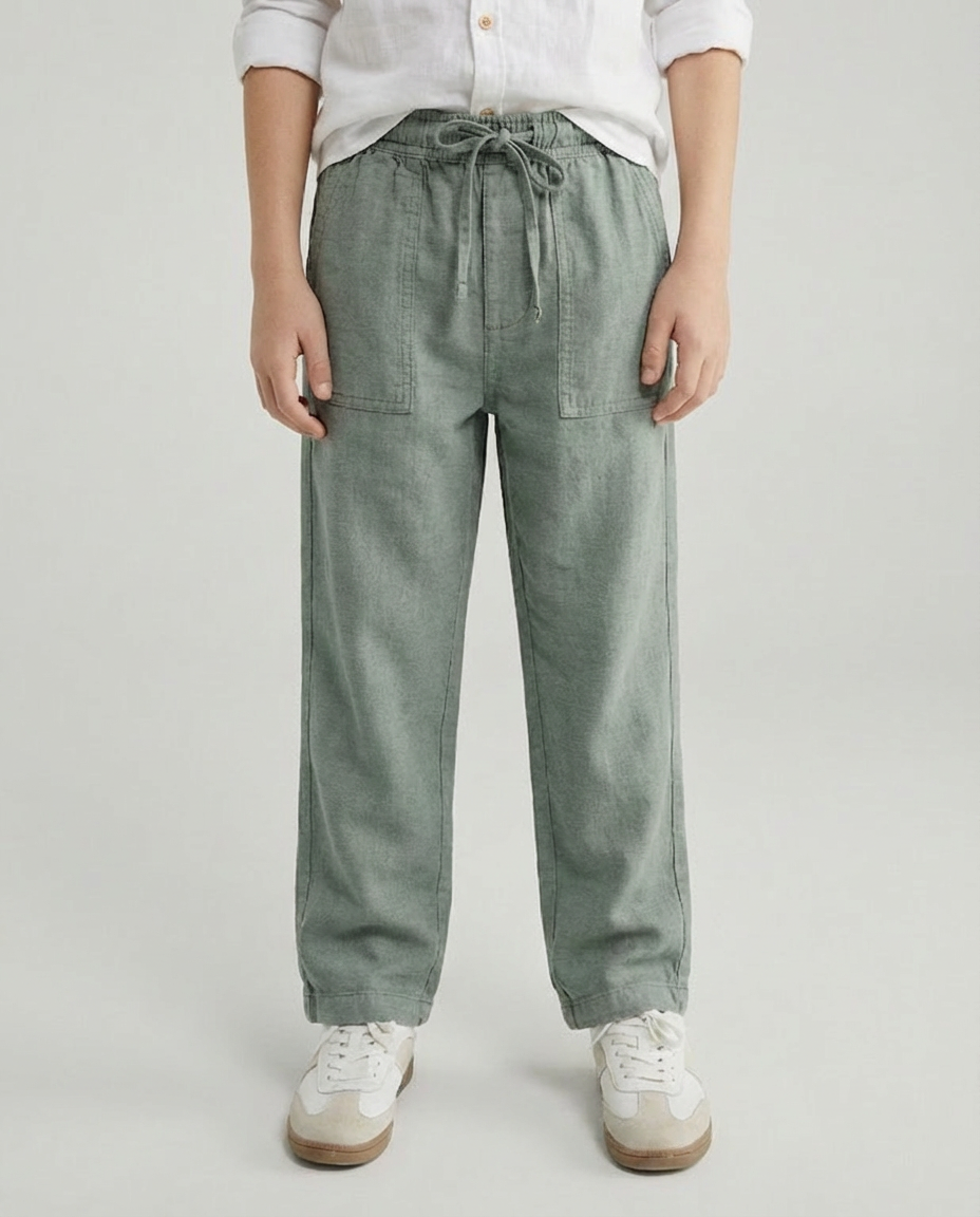Structured Linen Straight Fit Pants with Front Pocket Detail