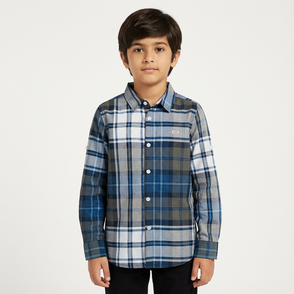 JUNIOR CLUB REGULAR FIT OXFORD STRETCH CHECK FULL SLEEVE SHIRT FOR BOYS