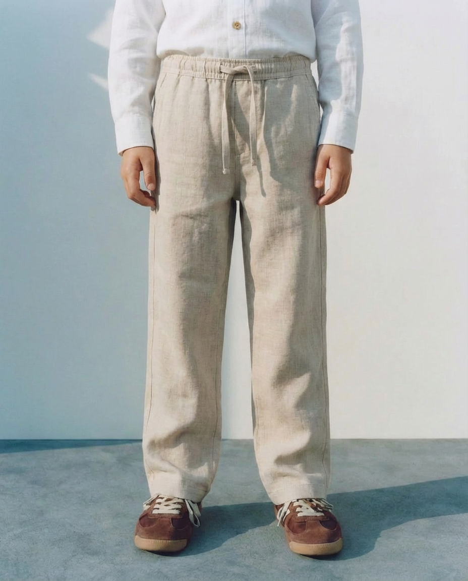 JUNIOR CLUB Premium Linen Straight Fit Pants with Elastic Waist