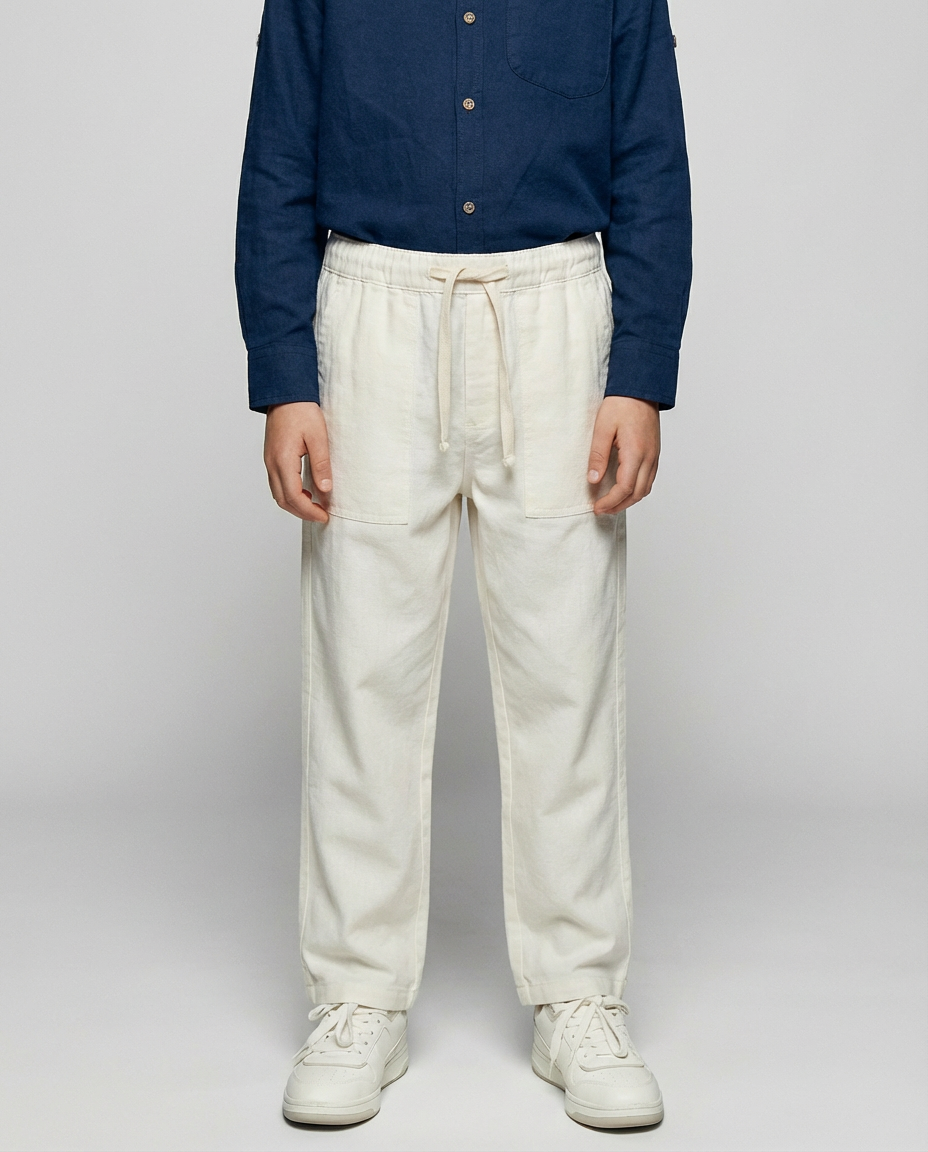 Structured Linen Straight Fit Pants with Front Pocket Detail